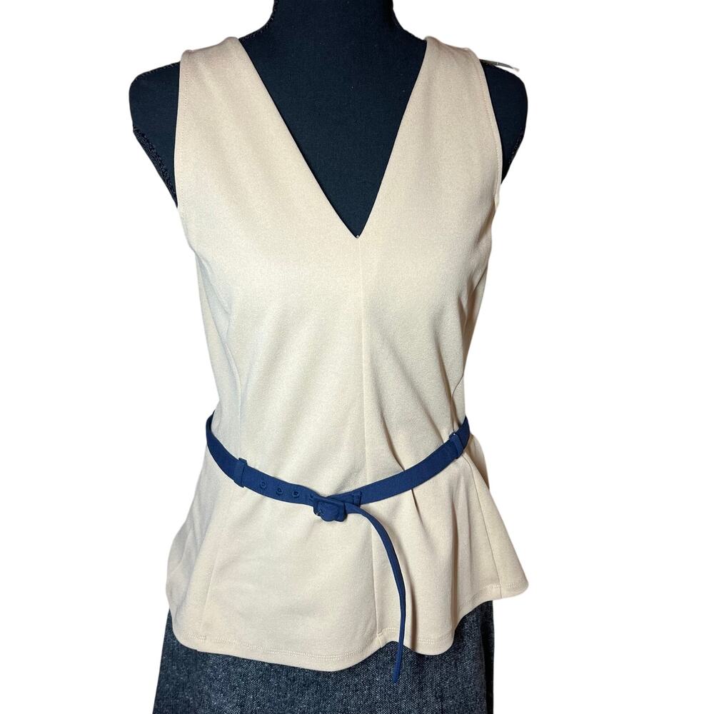 Ann Taylor NWT Belted Peplum V-Neck Sleeveless Top Beige Navy S